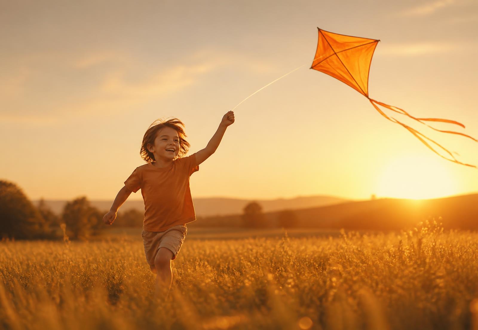 A child running through a golden field flying an orange kite