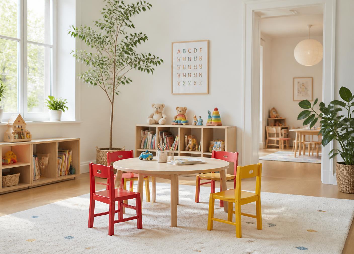 A bright playroom with small red and yellow chairs around a round table